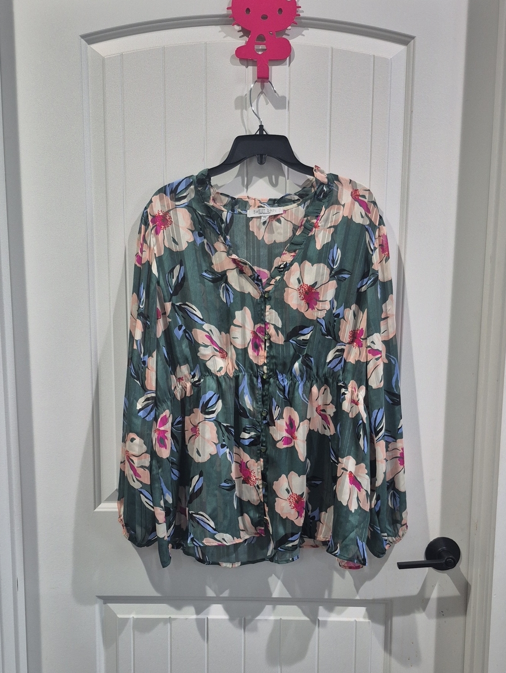 Sweet Rain Green Floral Ruffle-Trim Blouse